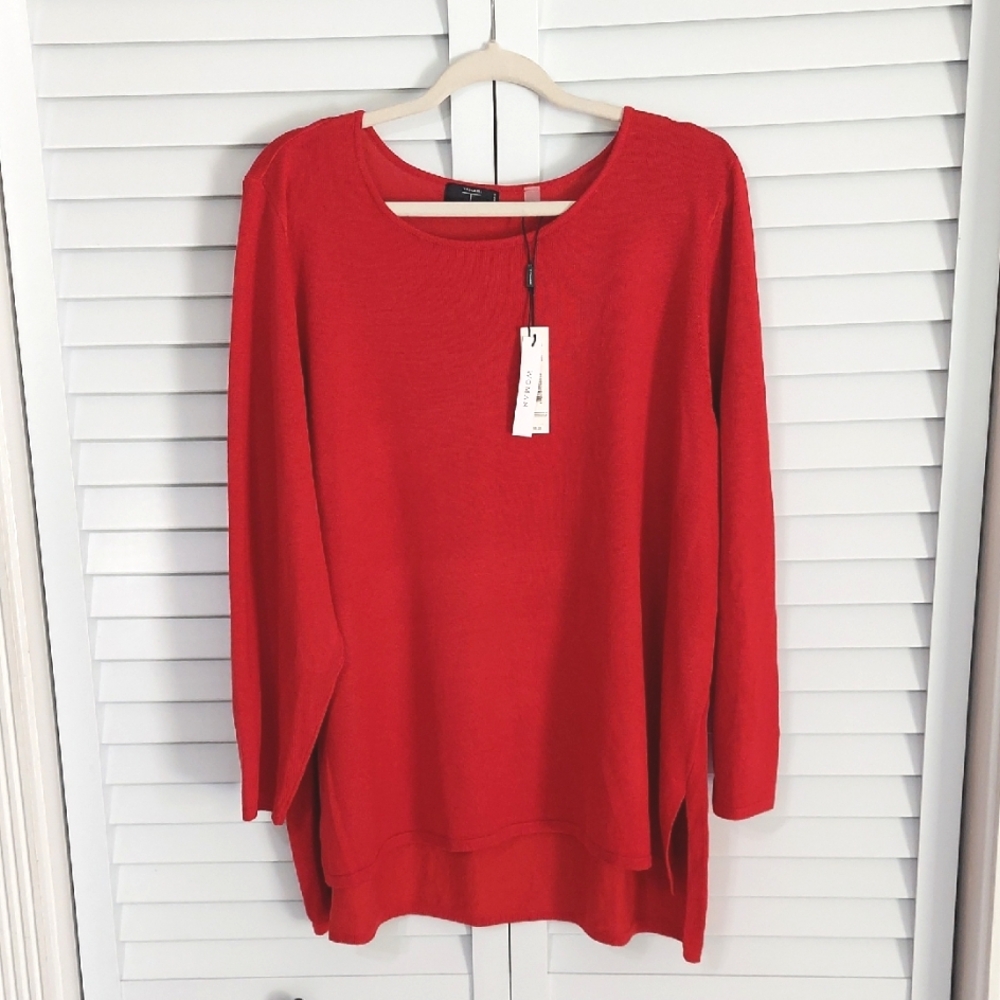 Tahari Sweater, Size 1X, Tomato Red Knit, Long Sleeve, Hi-Lo, Scoop Neck, NEW!